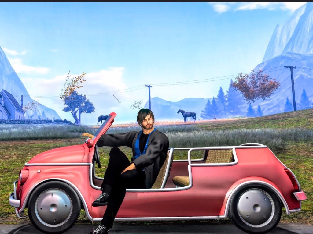 Michiel Bechir in secondlife stepping out of a red car.