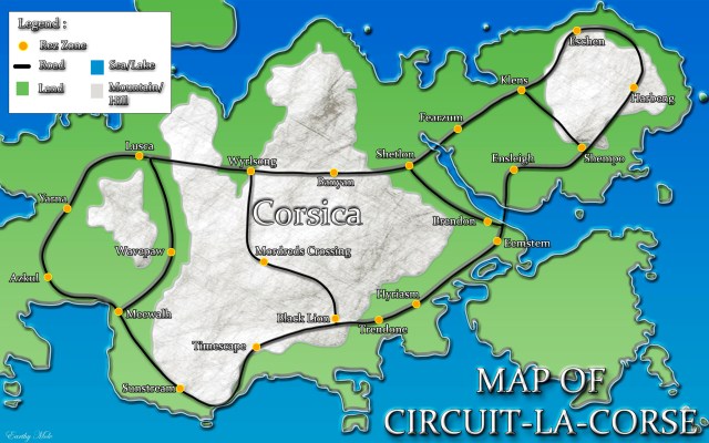 Map of the Corsica South Coasters region in Second Life showing connected waterways, roads, and key community landmarks including Cloud Galleries, Port Emyniad, and NovaOwl.