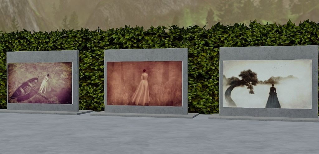 A trio of soft-toned artworks, showing graceful figures in landscapes by Raven Arcana