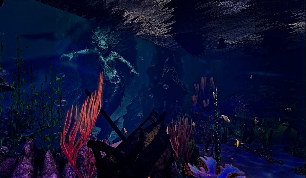  Ghostly mermaid siren floating in the deep, surrounded by shadows and wreckage