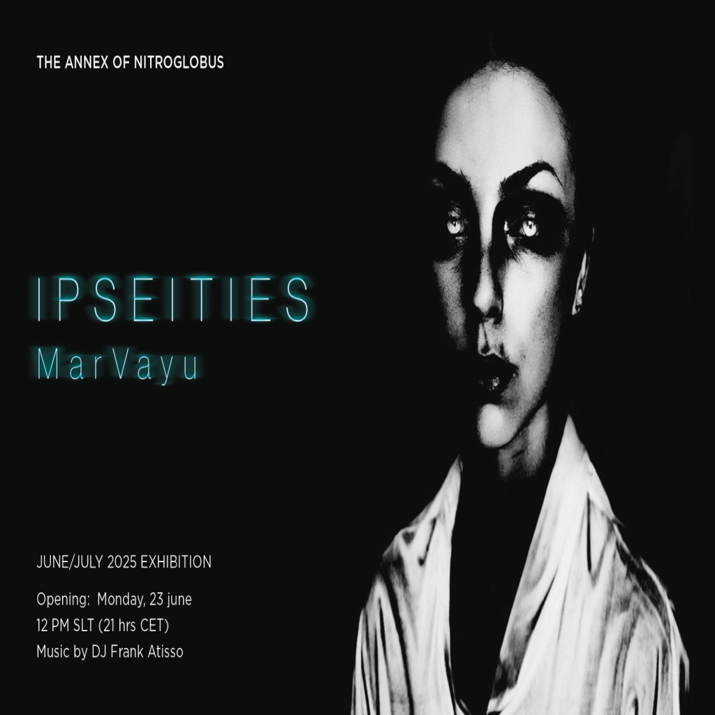 "IPSEITIES" by MarVayu featuring a stylized monochrome face with luminous eyes and blue neon text.