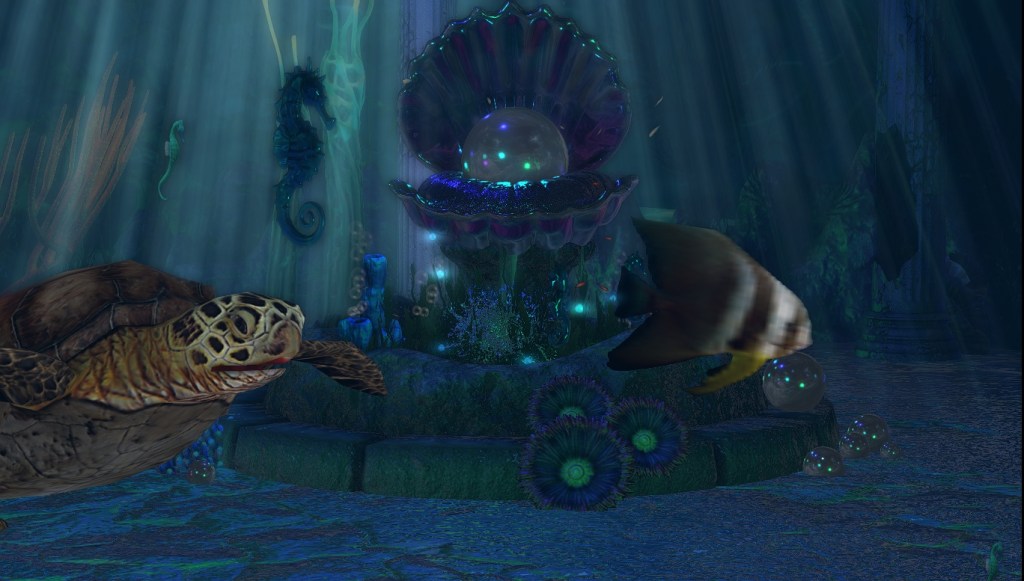 Giant open pearl with glowing orb and sea creatures swimming around it