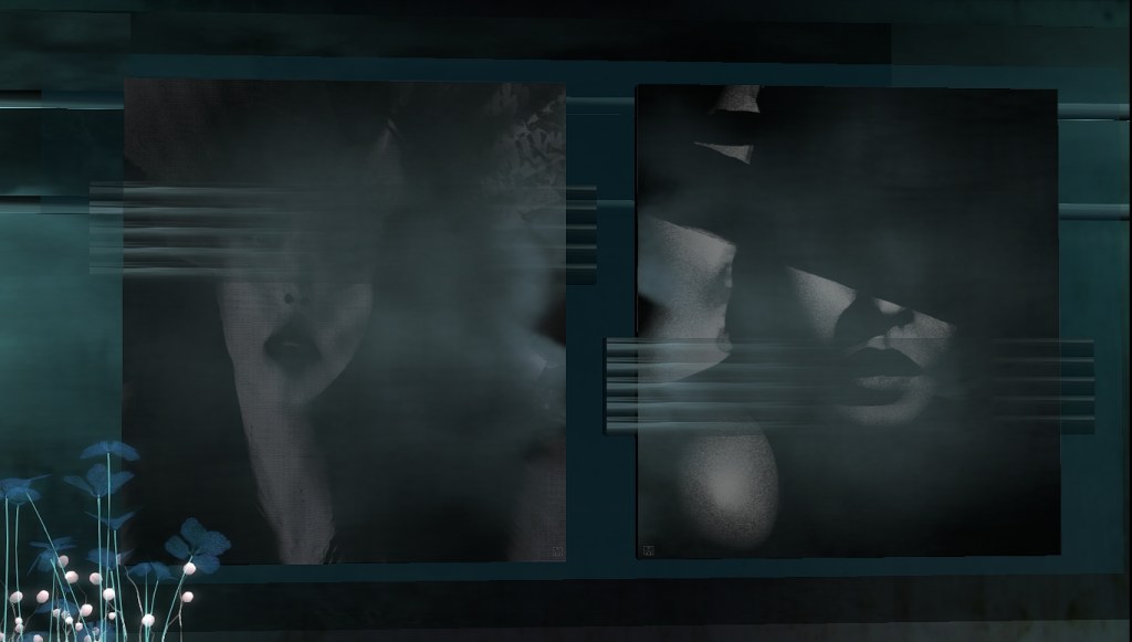  A dark, surreal double-panel image with obscured female faces and soft turquoise overlays, bathed in misty light.
