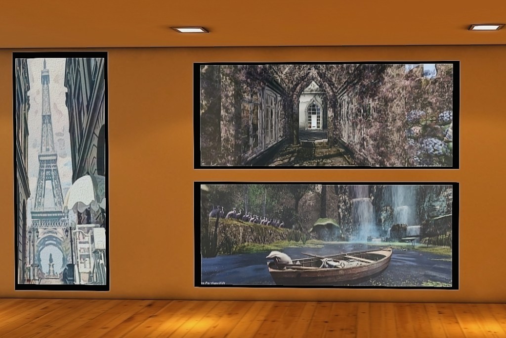 Interior view of IMAGO Art Gallery showing a corner filled with framed virtual landscape images, including a hallway overgrown with blossoms, Eiffel Tower, and a peaceful lake.
