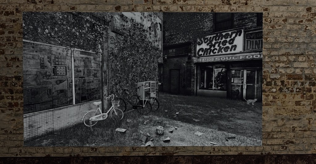 A black-and-white image of a derelict city corner with a bike and overgrown lot, evoking nostalgia and loss.