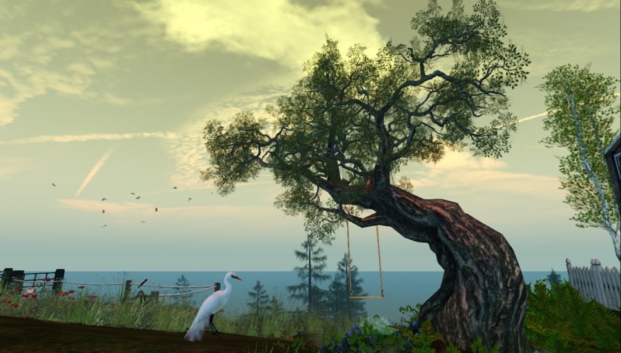 Tea Garden at Corsica South Coasters in Second Life, featuring a curved tree with a wooden swing, overlooking the ocean under a soft golden sky.