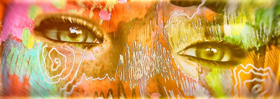 Close-up of luminous eyes overlaid with vivid abstract patterns, creating a mystical mask effect that bridges shadow and light.