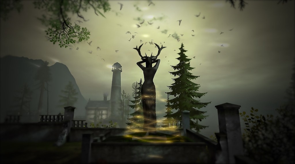  Statue of a horned figure surrounded by golden spirals of light in a misty forest, representing transformation and the merging of opposites.