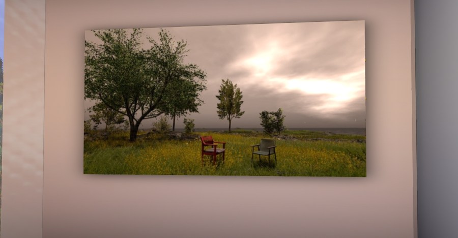 “Two wooden chairs in a field of yellow flowers under a wide, moody sky — landscape photo by Tegan Tenby.”