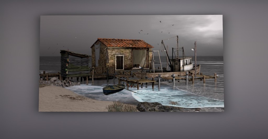 Fishing village with a moored boat and weathered buildings beside calm water — landscape by Tegan Tenby.
