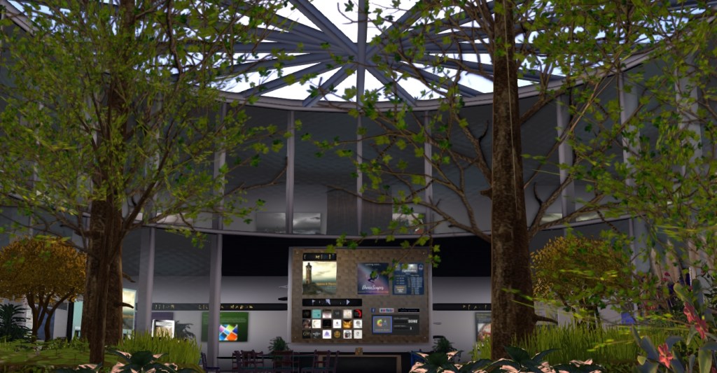 Entrance to The Center for the Arts in Second Life with trees and open dome ceiling.