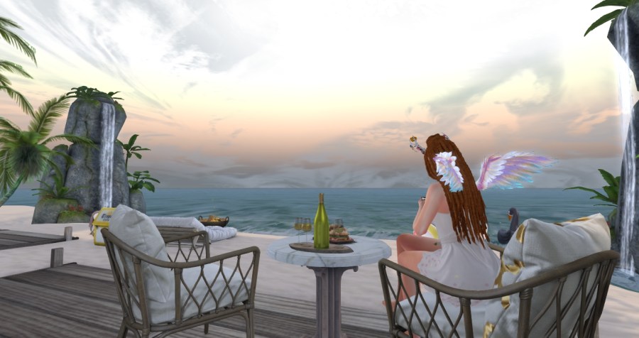 Woman waiting in a beautiful scenery over looking the ocean in second life.