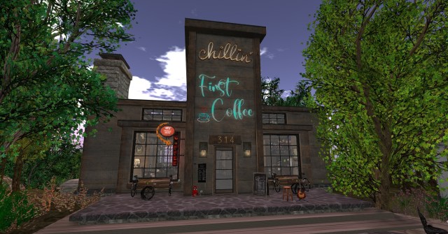 The front of First Coffee Coffee house From Marqs DeSade's novel First Coffee:The First Cup Set in Second Life.