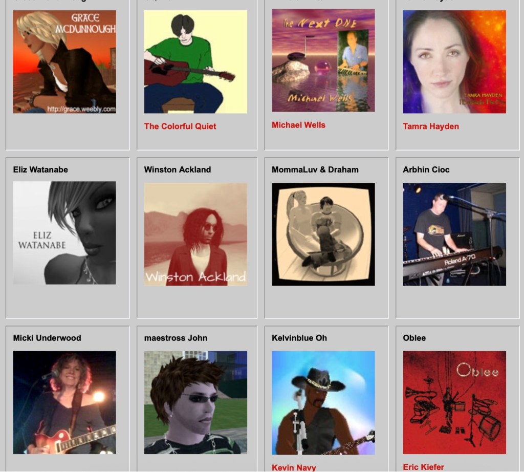 Collage of Second Life musicians featured on IndieSpectrum Radio, including Grace McDunnough, The Colorful Quiet, Michael Wells, Tamra Hayden, Eliz Watanabe, Winston Ackland, MommaLuv & Draham, Arbhinn Cioc, Micki Underwood, Maestross John, Kevin Navy, and Oblee.