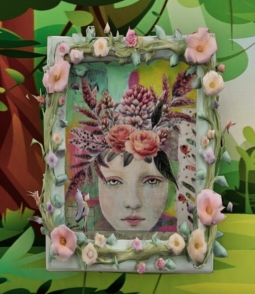 Mixed media floral art in pastel tones by Kisma K. Stepanich-Reidling, featuring collaged flowers framing partial portraits of women, displayed in ornate frames decorated with sculpted pastel blossoms, set against a vibrant forest mural backdrop.Kisma's petals