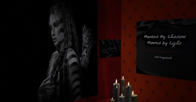 Owl Dragonash’s exhibit *Marked By Shadow, Moved by Light* with dark portrait, title panel, and glowing black candles.