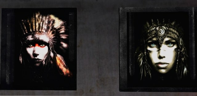 Two portraits from Miles Cantelou’s Shamanism exhibit at Nitroglobus Annex in Second Life — intense faces with ritual headdresses, one marked by a vivid red slash across the eyes