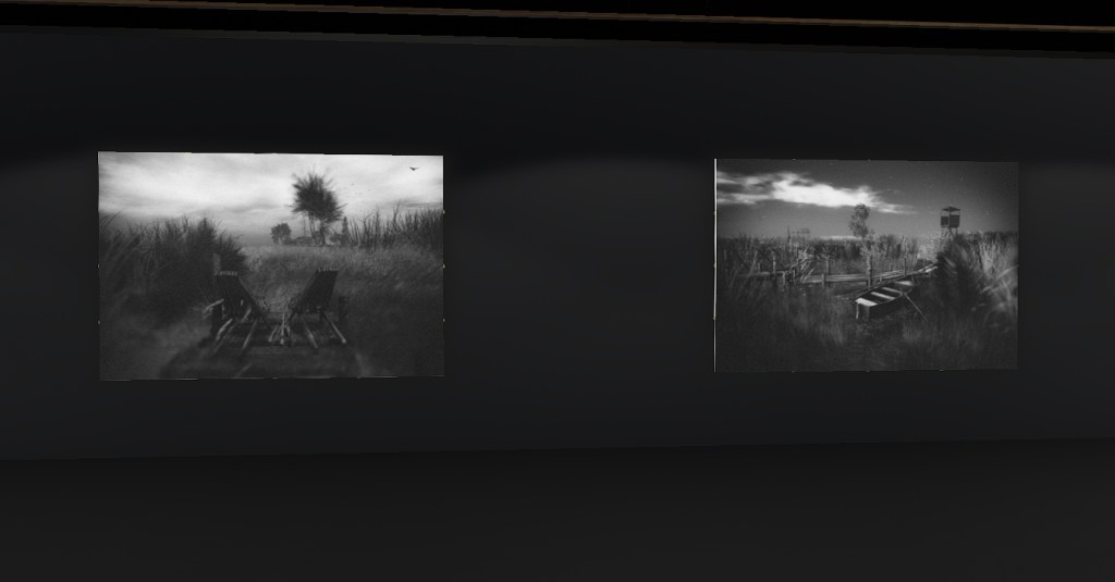 Two black-and-white landscape photographs by Starlight, depicting serene marshland scenes with chairs, boats, reeds, and distant water towers under a moody sky.