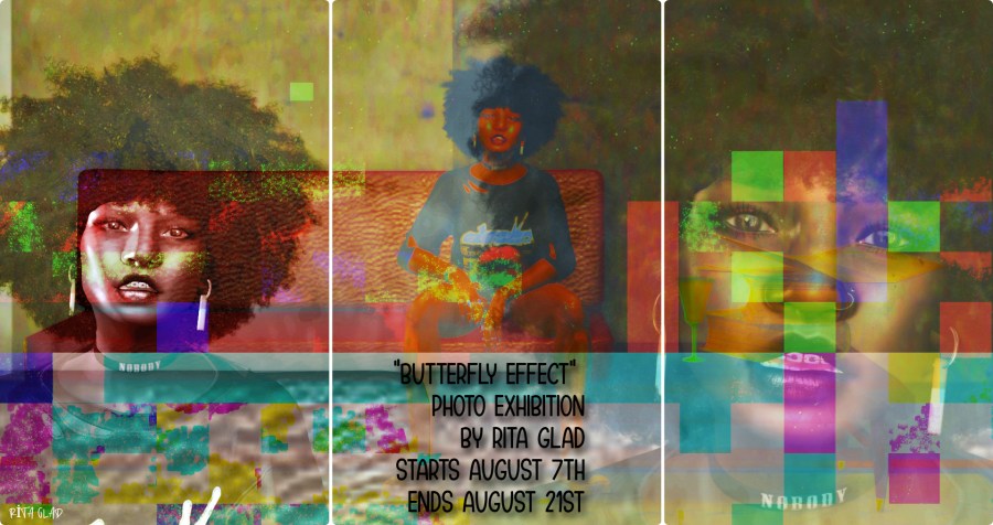 Poster for “Butterfly Effect” photo exhibition by Rita Glad, featuring a layered digital portrait of a woman with an afro, bold colors, and abstract block overlays.