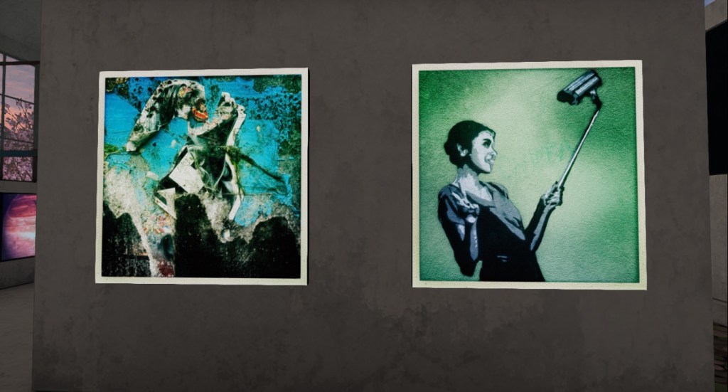 Two vivid artworks by Therese Carfagno — a playful green-toned portrait of a smiling woman with a paint roller and a dynamic abstract figure in textured blue