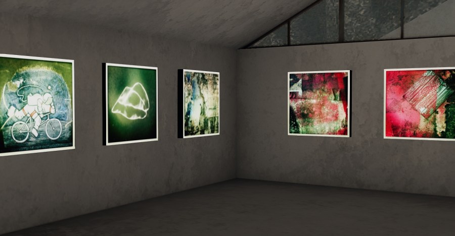 A series of Therese Carfagno’s works in Second Life — from a whimsical astronaut on a bike to glowing forms and richly textured abstracts — displayed at Memory Gongs Gallery.
