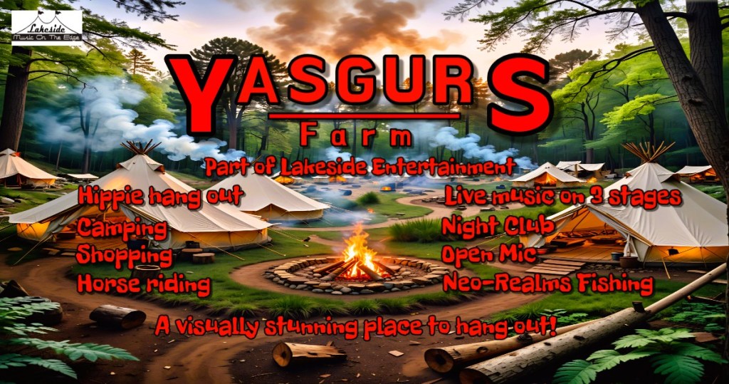Festival grounds at Yasgur’s Farm with camping tents, firepits, and wooded scenery in Second Life.