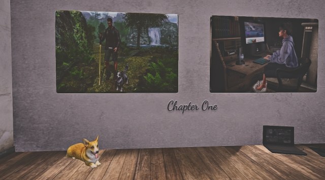 A pair of Second Life images on a gallery wall under the title "Chapter One." On the left, a man hikes a wooded path beside a corgi, with a waterfall in the distance. On the right, a woman sits at a vintage computer desk, focused and working, suggesting the beginning of a virtual love story.