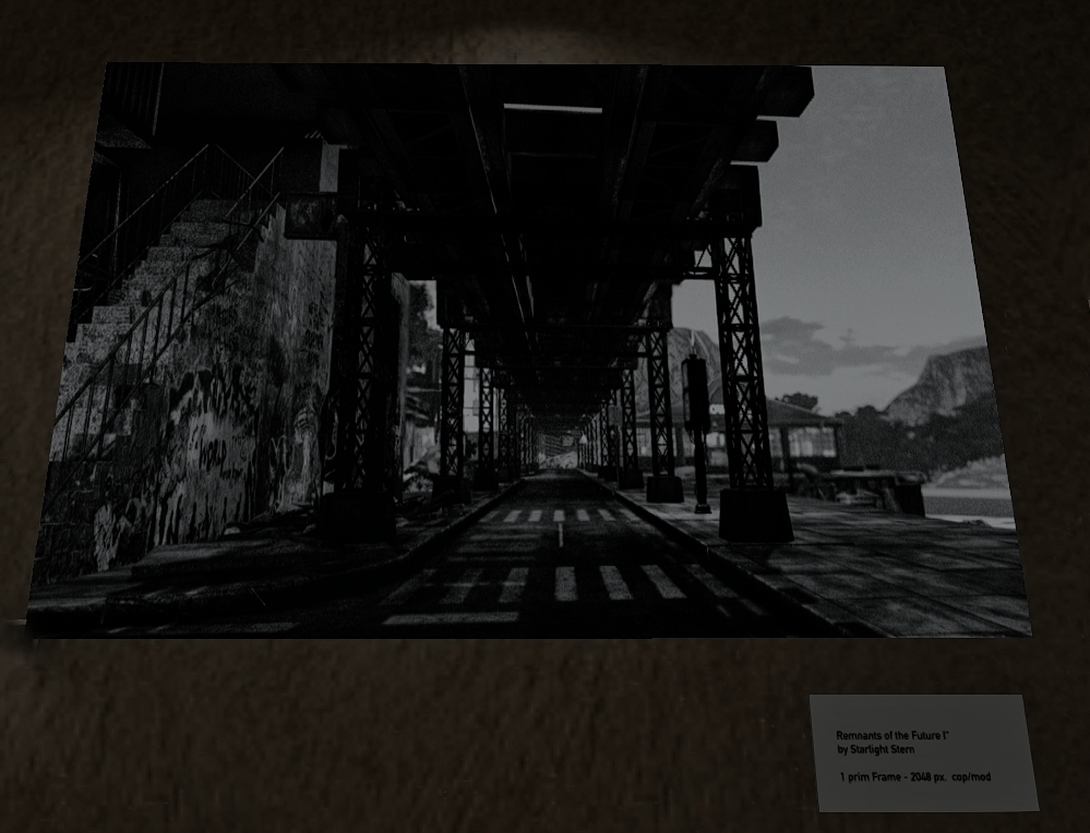 Black-and-white photograph by Starlight Stern titled Remnants of the Future I, showing an urban underpass with graffiti-covered walls and deep perspective.