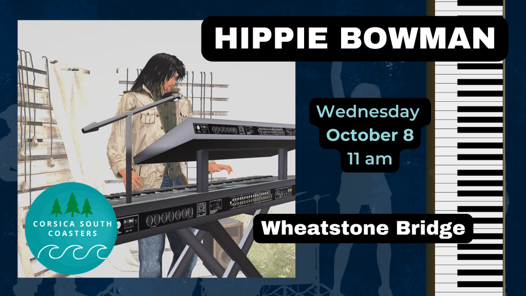 Second Life musician Hippie Bowman performing live on keyboard, featured in Corsica South Coasters’ October music events.
