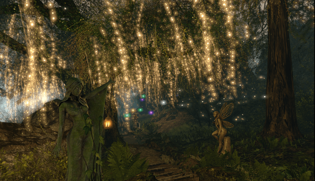 A statue of a woman holding lanterns lights the path into the Enchanted Forest at Port Emyniad. Golden light filters through trees, guiding travelers into the quiet magic of the woods.