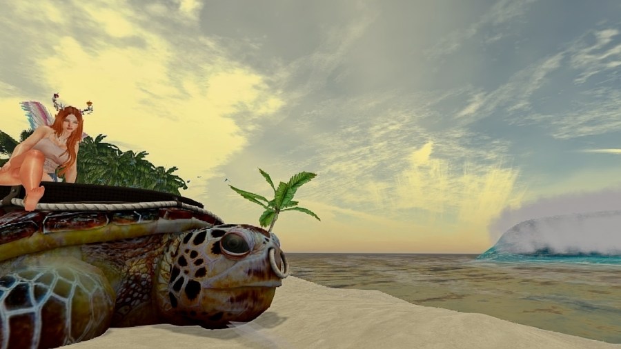Fairy-like avatar sitting on a giant turtle by the sea under a soft tropical sky — a peaceful moment of reflection.