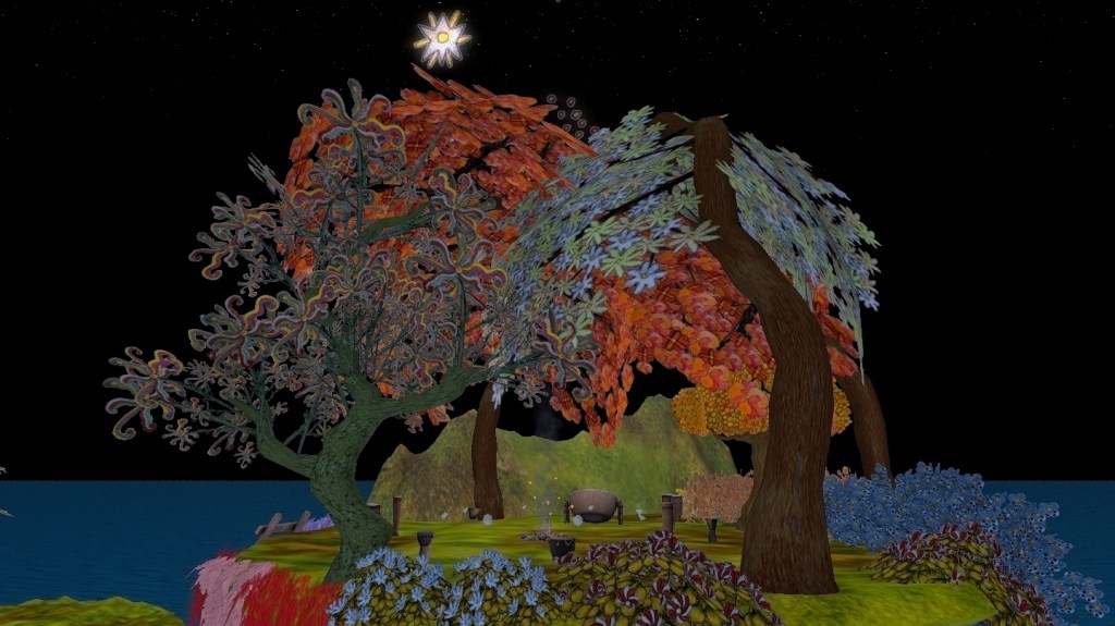 rum circle gathering space within CK Ballyhoo’s Flower Power world at Hippiestock 2026 in Second Life