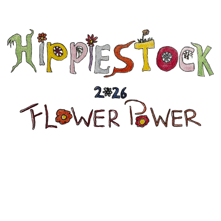 Hippiestock 2026 Flower Power lettering artwork announcing the annual Second Life music and arts festival