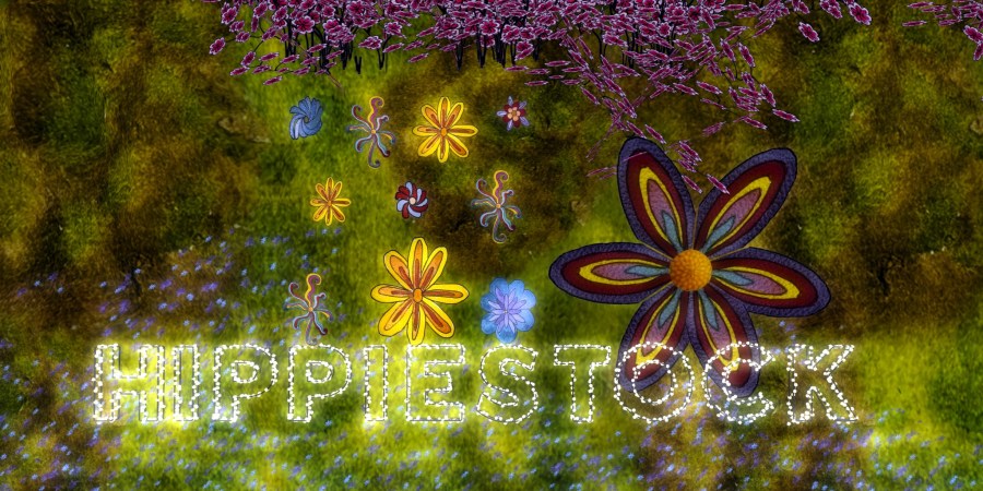 Stage at HIppiestock sign in glitter.