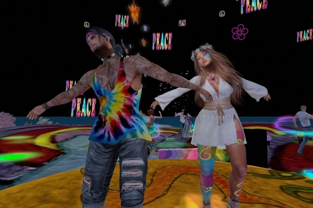 Dj Lito team dancing at Hippiestock 2026 in second life.