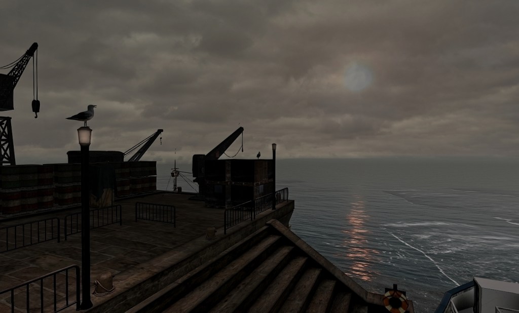 Low tide at the harbor in the Inis Oírr region of Second Life, with dark water pulling back from stone steps and docks beneath heavy gray clouds, evoking a quiet coastal aftermath.