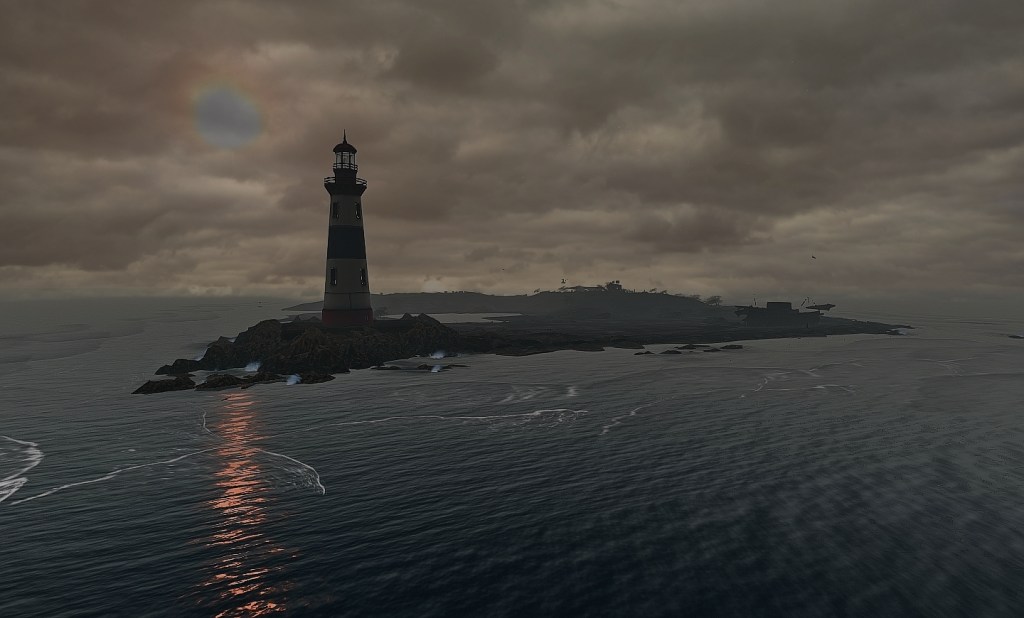 A lighthouse on a rocky island in the Inis Oírr region of Second Life, surrounded by dark water and low clouds, with faint light reflecting across the sea but not fully reaching the shore.