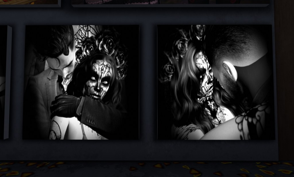 Black and white Día de los Muertos portrait by Lyric Luna in Second Life, showing skeletal face paint and close, intimate framing.
