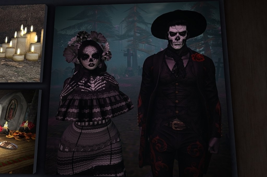 Lyric Luna and her partner in traditional Día de los Muertos skeletal makeup posed in a cemetery setting inside Second Life at Cloud Galleries.