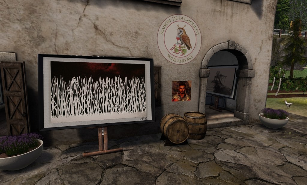 the outside of Maison de la chouette with a photo of Alex Riverstone on display featuring reeds with a blood red sky. On display in Second Life.