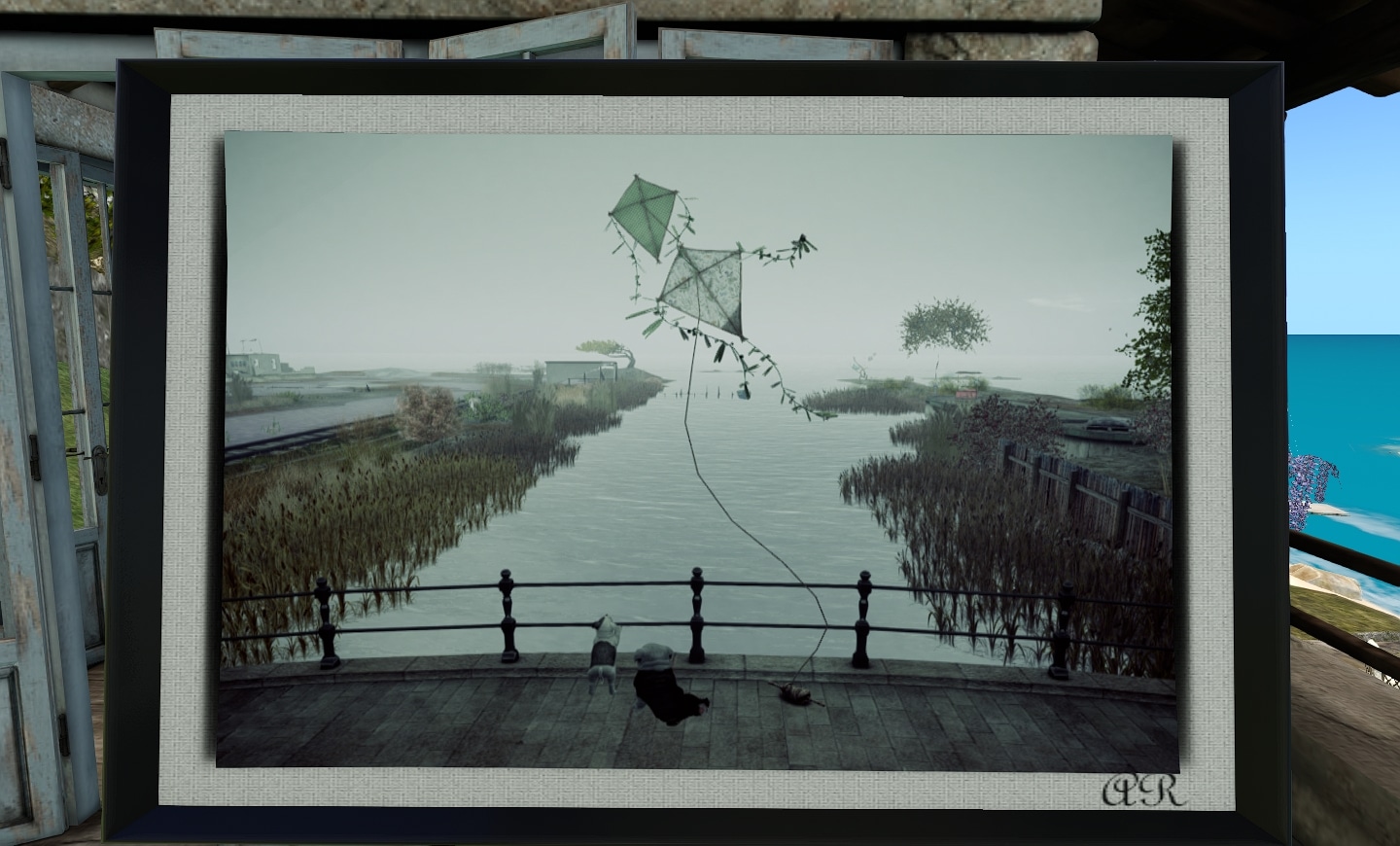 Alex riverstone kites - a photo of kites over a canal in monotones. On view at maison de la chouette in second life.