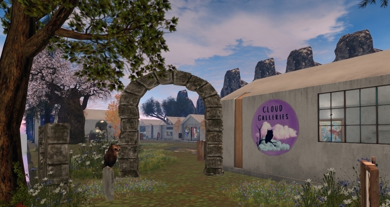 Entrance to cloud galleries in second life during the april art walk 2026 at corsica south coasters