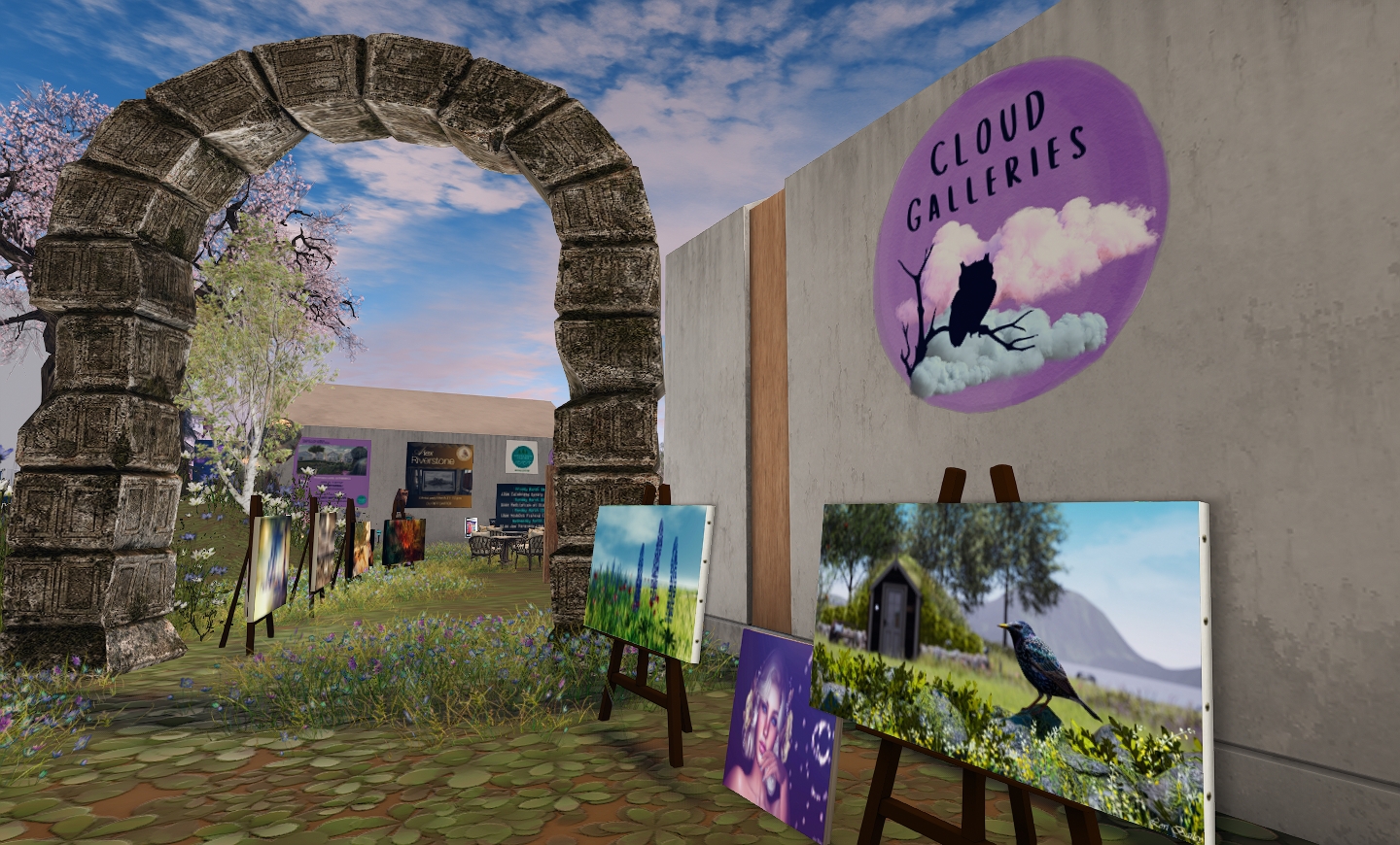 Cloud galleries art walk entrance in second life, framed by stone arch and outdoor gallery path